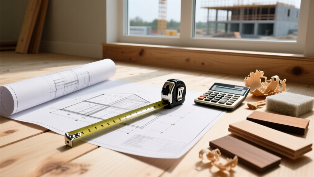 Architectural blueprints spread on a plywood subfloor with a tape measure, calculator, and material samples for residential construction