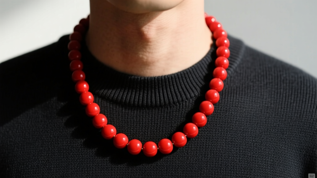 Close-up of an 18-inch vibrant red coral bead necklace resting on a male chest, contrasting against a dark charcoal crewneck tee
