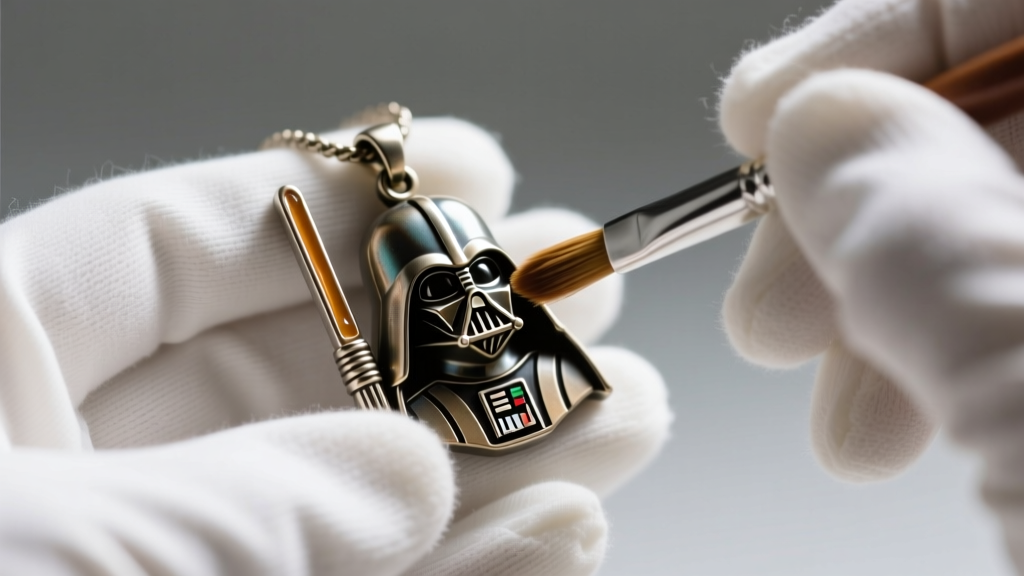 White cotton gloves applying conservation wax to a die-cast zinc alloy Star Wars replica pendant using a soft bristle brush.