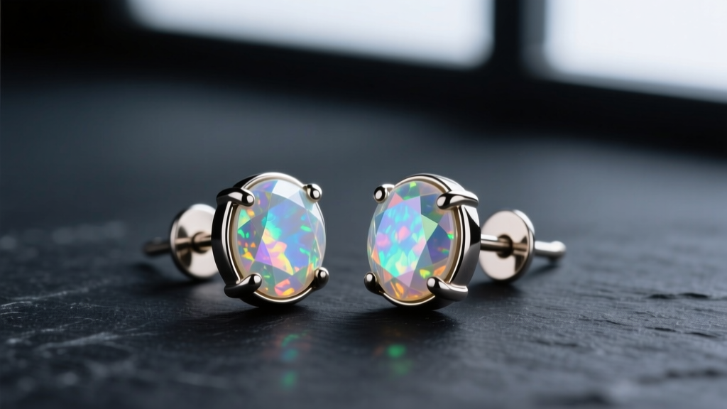 Two 16-gauge threadless titanium flat-back earrings with opal gems on dark slate, highlighting the bendable pin mechanism
