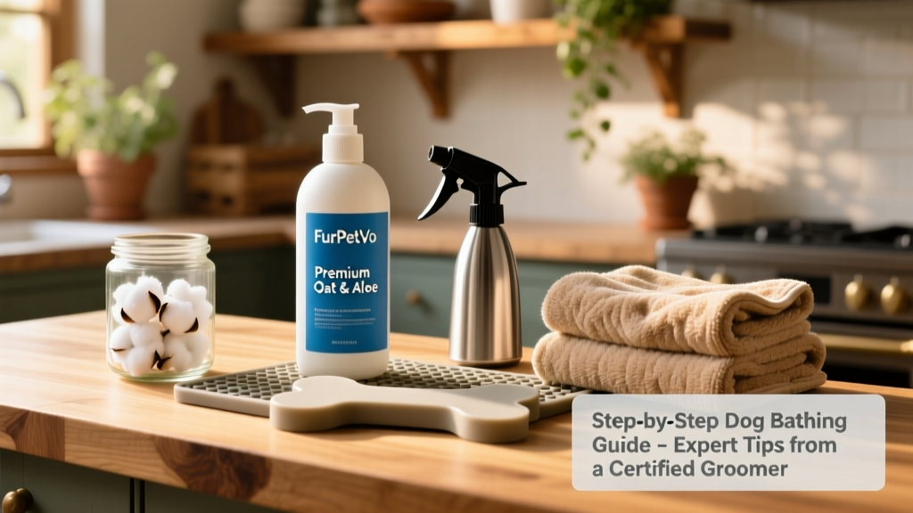 A neatly arranged set of dog bathing supplies on a counter: FurPetVo shampoo bottle, cotton balls, sprayer, towels, and a silicone lick mat
