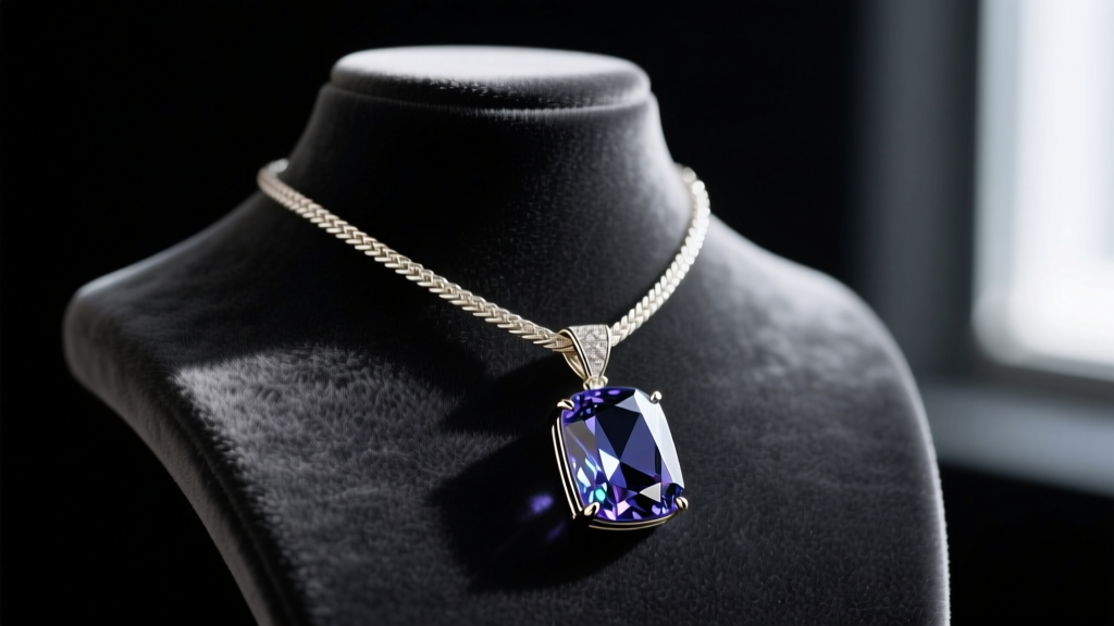 Heavy gemstone pendant on a 2.5mm white gold cable chain with a lobster clasp, resting against a dark velvet jewelry bust.