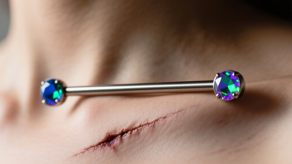 Close-up of a healed sternum surface piercing featuring a 14-gauge titanium surface bar with two small opal ends on the chest skin.