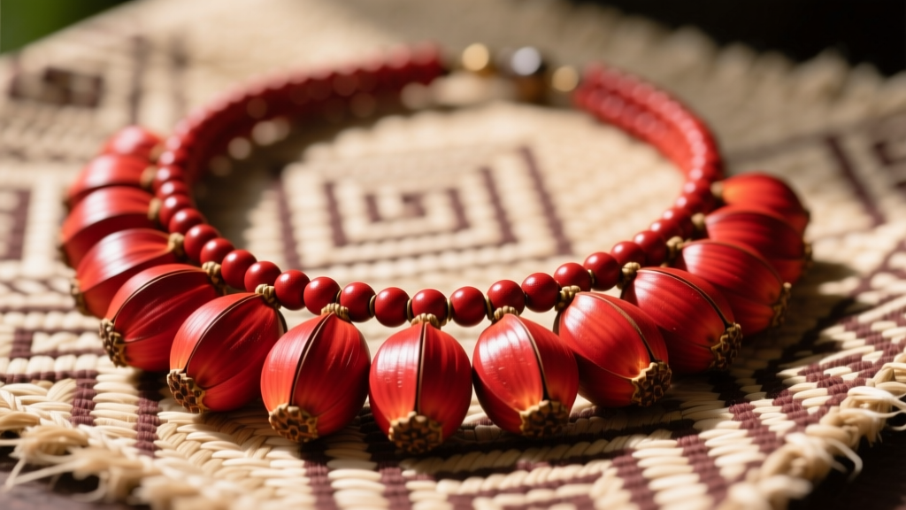 Close-up of a traditional Samoan ula fala necklace made of vibrant red dried pandanus fruit segments resting on a woven tapa cloth