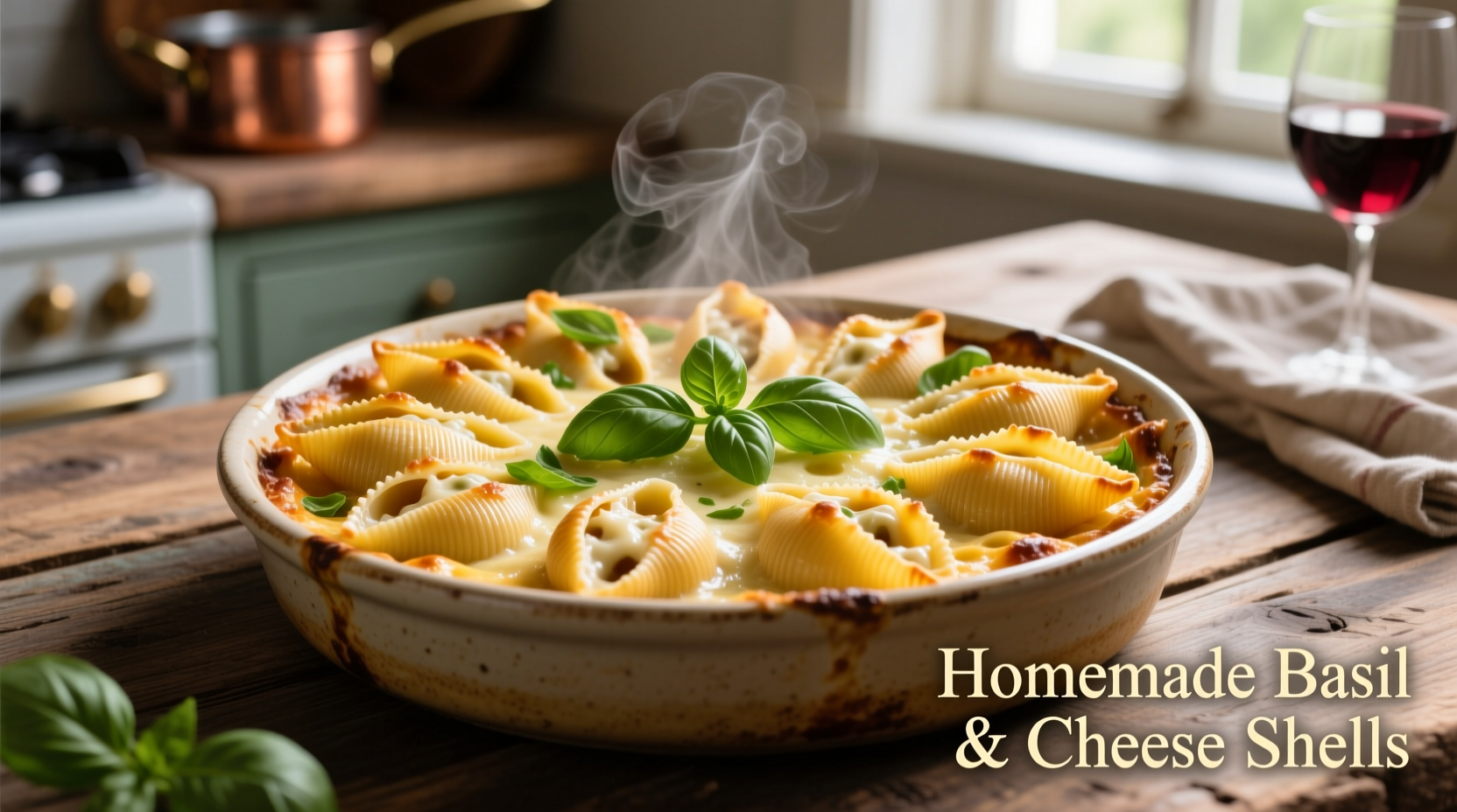 Golden baked stuffed shells in ceramic dish with fresh basil