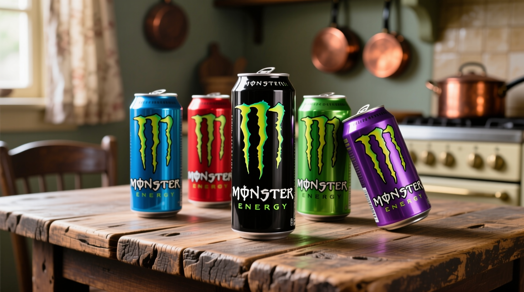 Monster Energy drink cans on wooden table