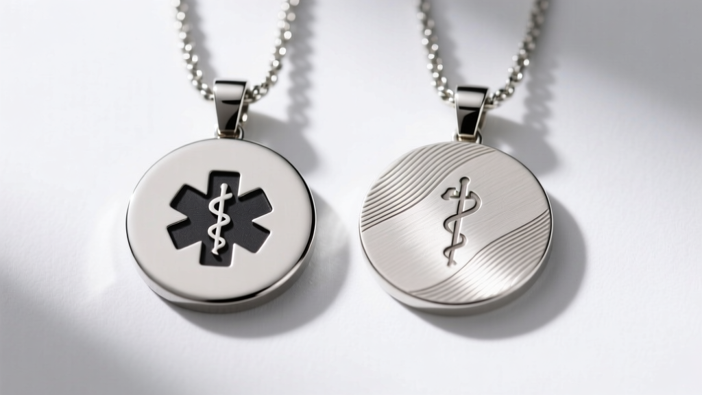 Comparison of laser engraved stainless steel and rotary engraved silver medic alert pendants under bright clinical lighting.