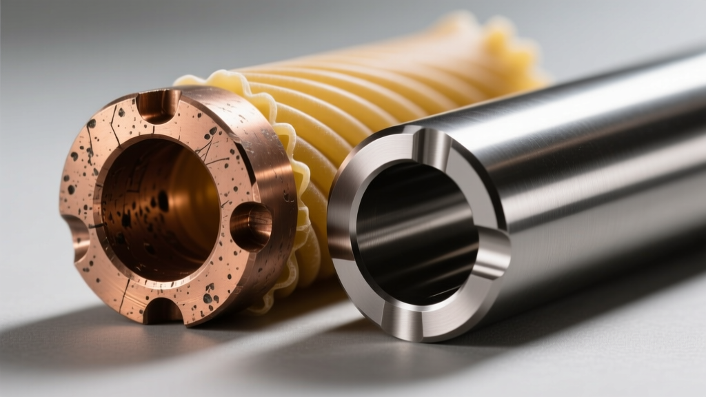 Macro cross-section of a solid bronze pasta extrusion die showing rough interior texture beside a smooth Teflon-coated industrial die