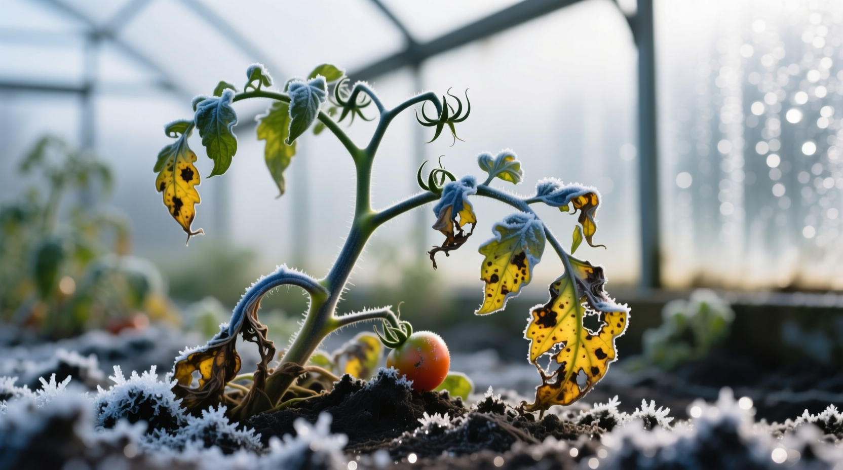 Tomato plants showing cold damage symptoms