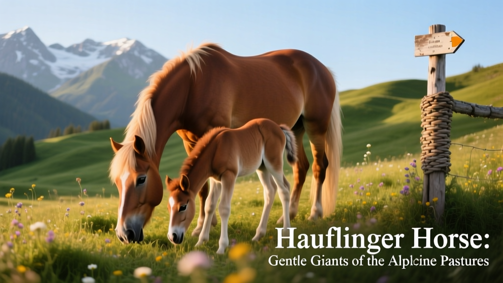 Haflinger mare and foal grazing peacefully in a green alpine meadow
