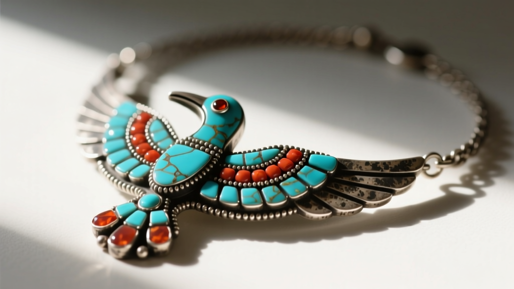 Close-up of a vintage Zuni hummingbird necklace with intricate turquoise and coral petit point inlay on oxidized sterling silver.