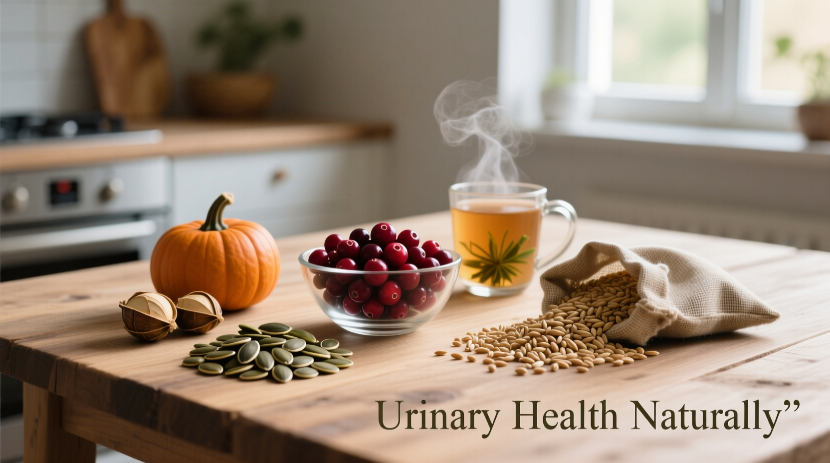 Natural foods for urinary health including barley, cranberries, pumpkin seeds