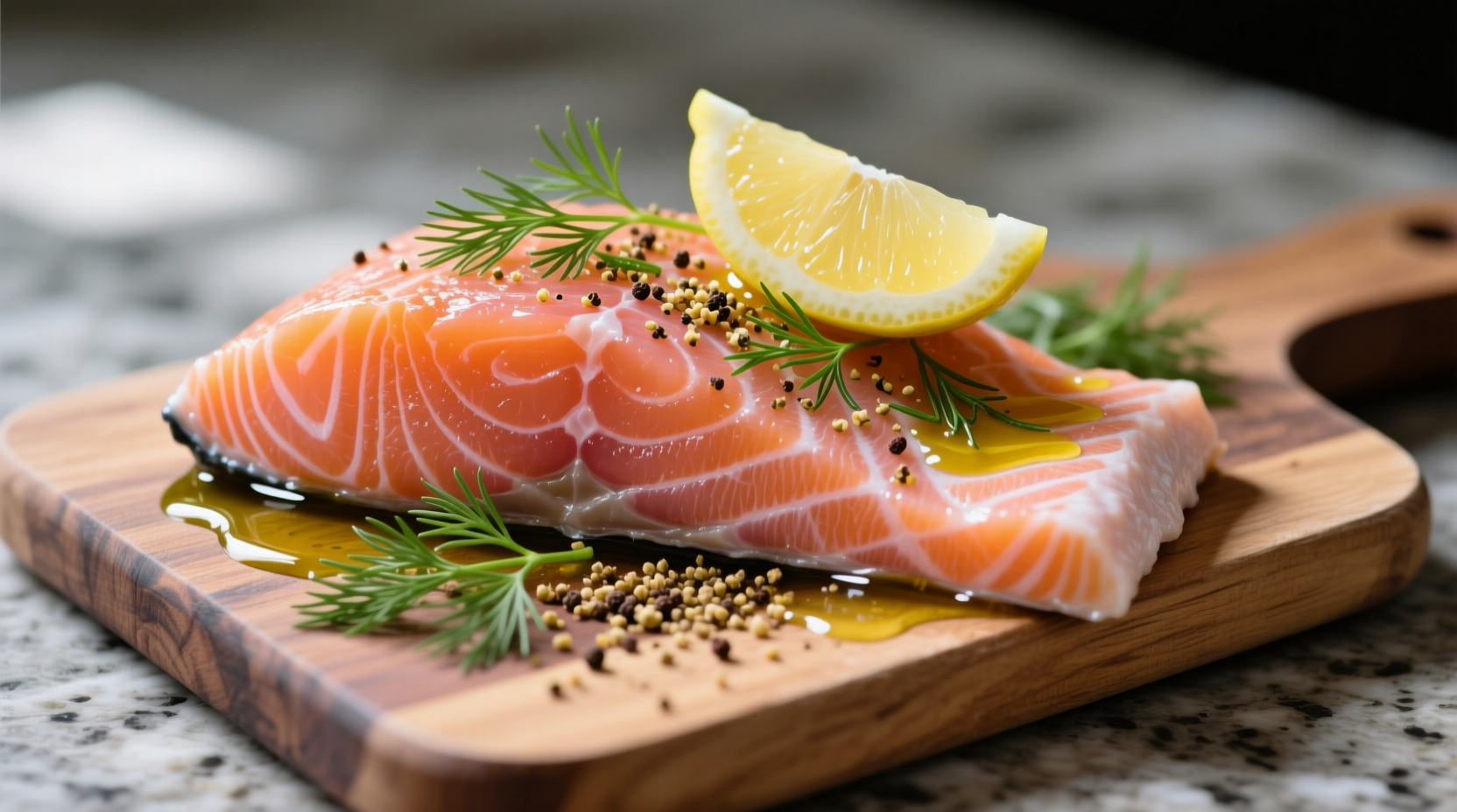 Fresh salmon fillet seasoned with dill and lemon pepper