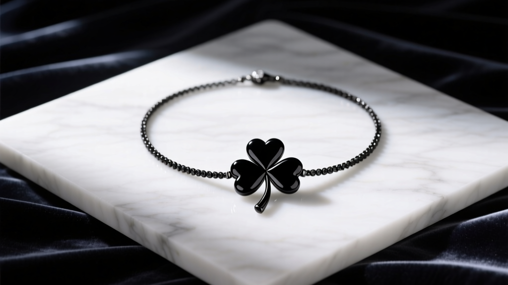 Elegant flat lay of a black onyx four leaf clover necklace on white marble, surrounded by dark velvet and soft directional light.