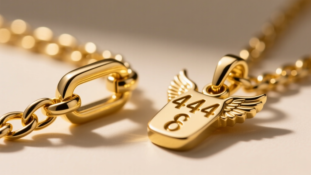 Macro shot of a 14k yellow gold box chain clasp and a thick 444 angel number pendant bail, highlighting the brushed metal texture