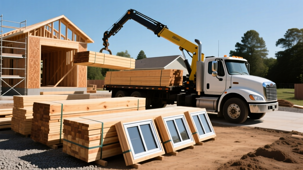 Boom truck delivering bundled Southern Yellow Pine lumber and window packages to a residential wood-framed construction site