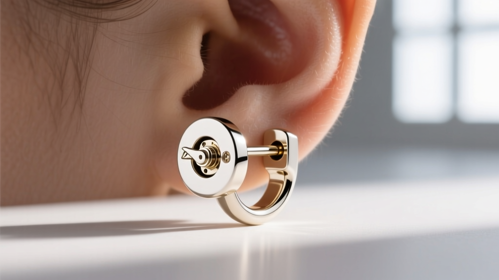 Detailed view of a secure la pousette earring backing on a 20-gauge white gold dove ear cuff, highlighting the mechanical click.