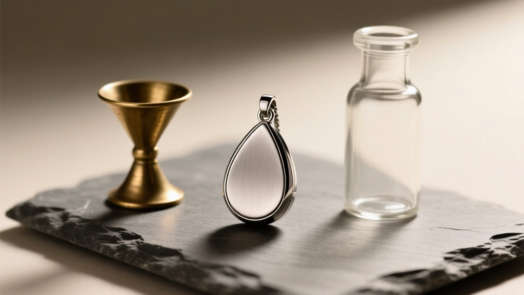 Brushed titanium teardrop cremation pendant on slate next to a small brass funnel and glass vial, lit by soft warm lighting.