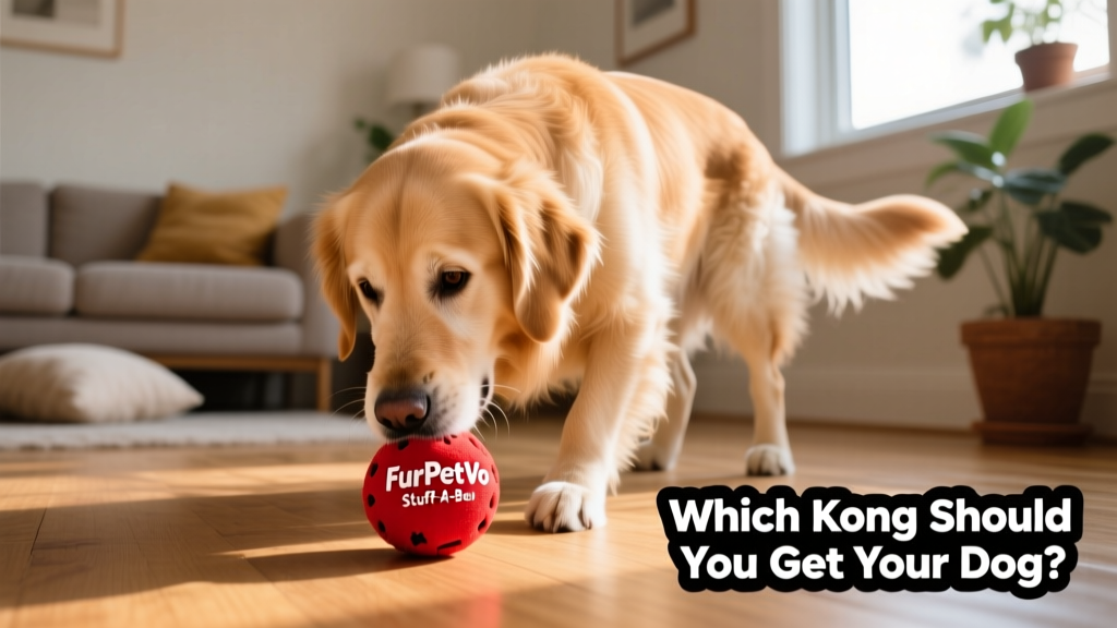 An older golden retriever gently nudging a red FurPetVo Stuff-a-Ball across the floor
