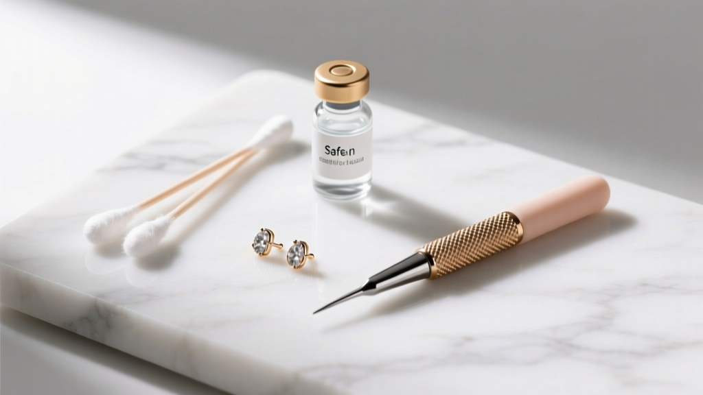 Top view on marble showing safe earring removal tools: cotton swabs, sterile saline, and a textured rubber grip for fine jewelry.