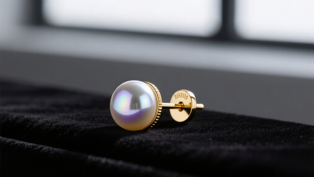 Roman pearl stud earring on dark velvet, showing its flawless mirror-like iridescent glass bead coating and a secure 18k gold post