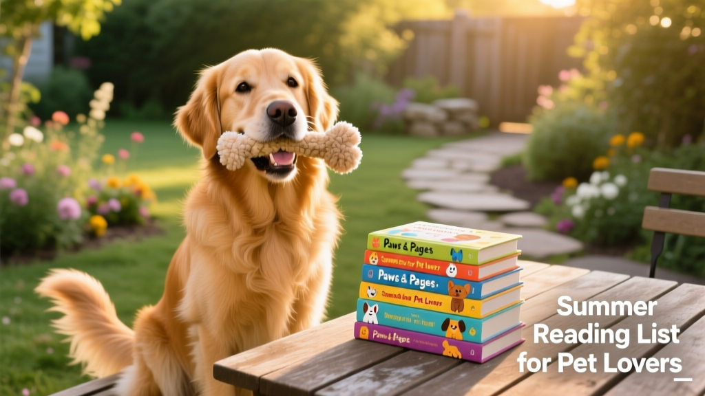 A golden retriever happily holding a soft chew toy while sitting beside a colorful stack of pet books