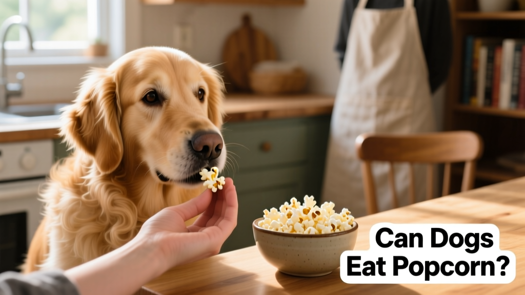 A dog gently taking a single piece of plain popcorn from a person's hand, with a small bowl of plain popcorn visible nearby