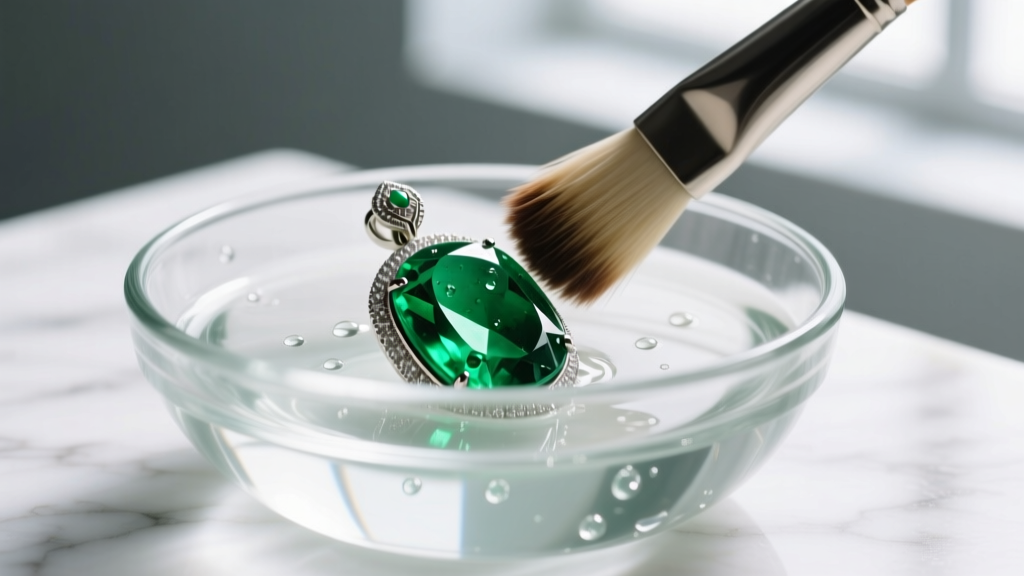 Soft brush cleaning an Indian emerald pendant in mild soapy water in a glass bowl, highlighting the gem's vivid green inclusions