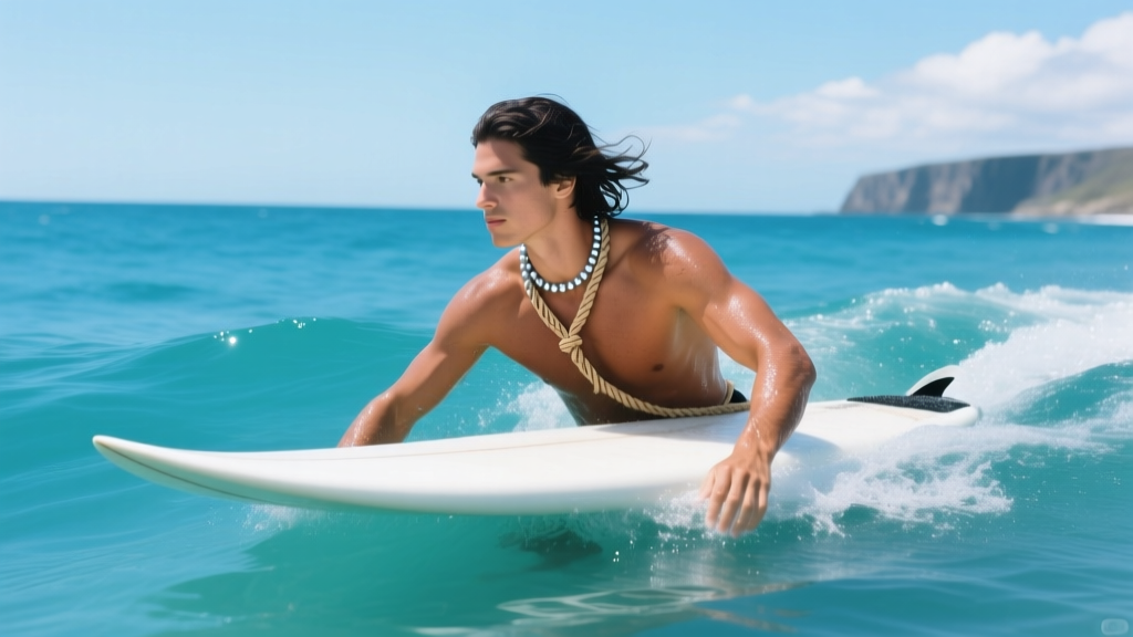 Surfer wearing a hemp and silver bead necklace resting at the collarbone while paddling a white surfboard in blue water.