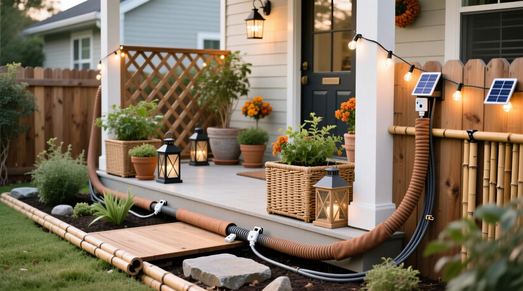 how to hide extension cords on a front porch display without ruining the aesthetic or tripping hazards