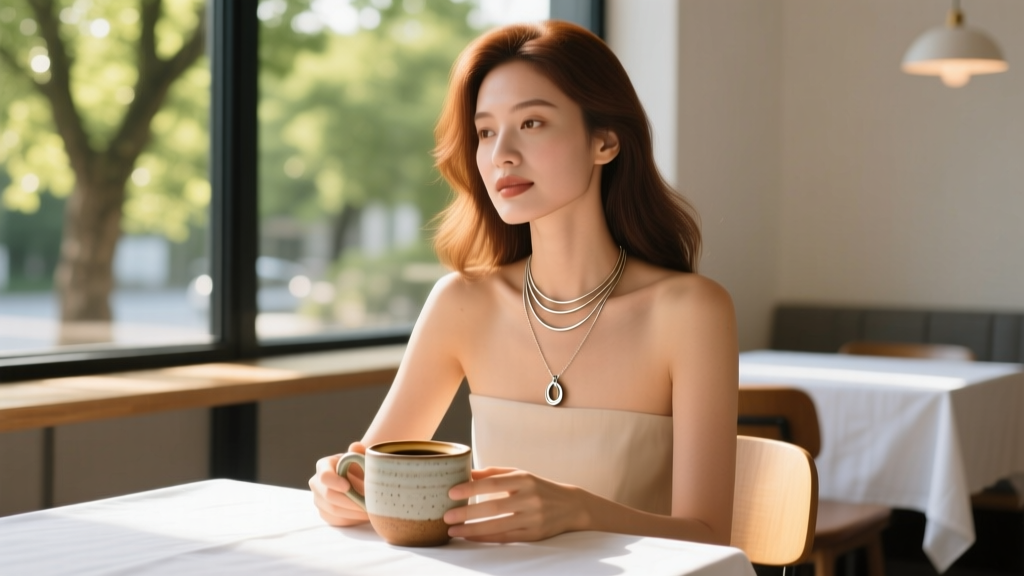 Woman wearing a layered necklace stack with a central pause pendant, sitting in a sunlit cafe while holding a ceramic coffee mug