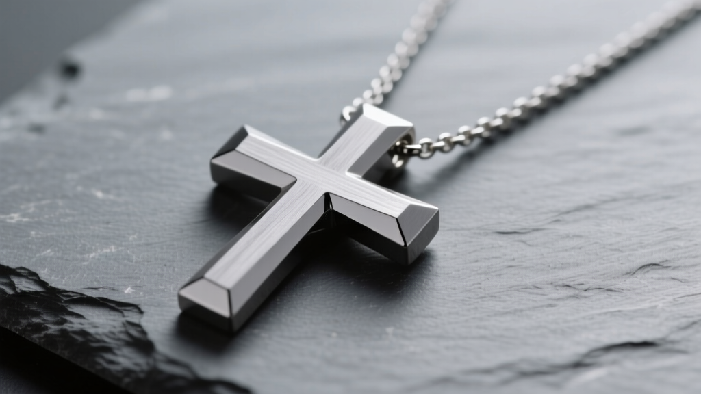 Brushed titanium cross necklace on slate showing sharp beveled edges and matte grey finish under soft directional studio lighting.