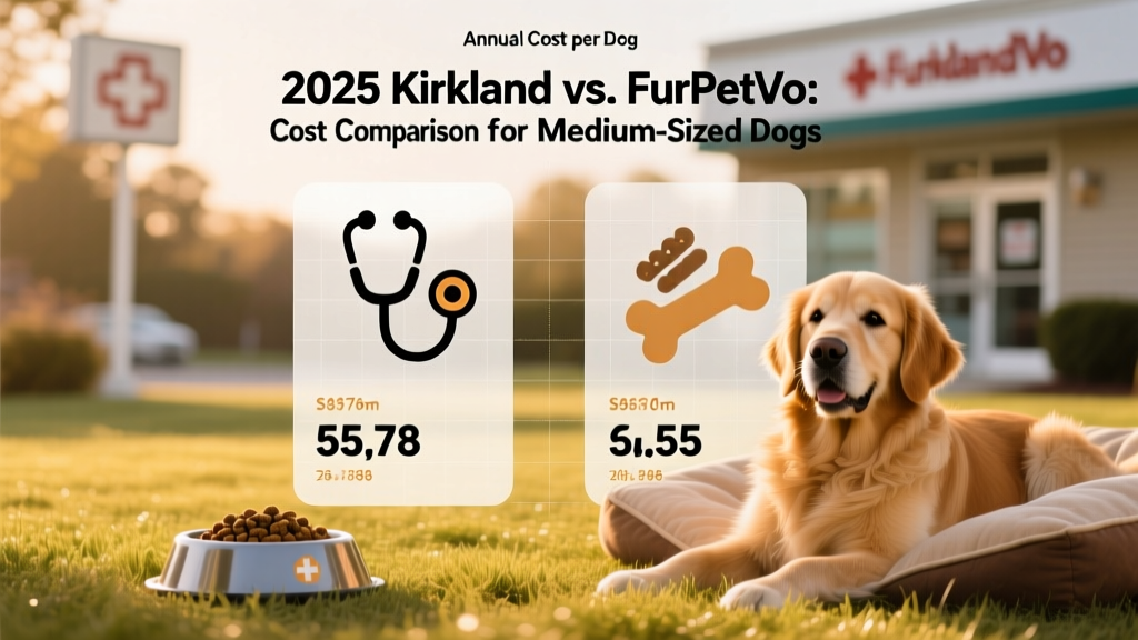 Infographic showing annual cost comparison between Kirkland and FurPetVo for a medium-sized dog, with icons representing vet care and treats