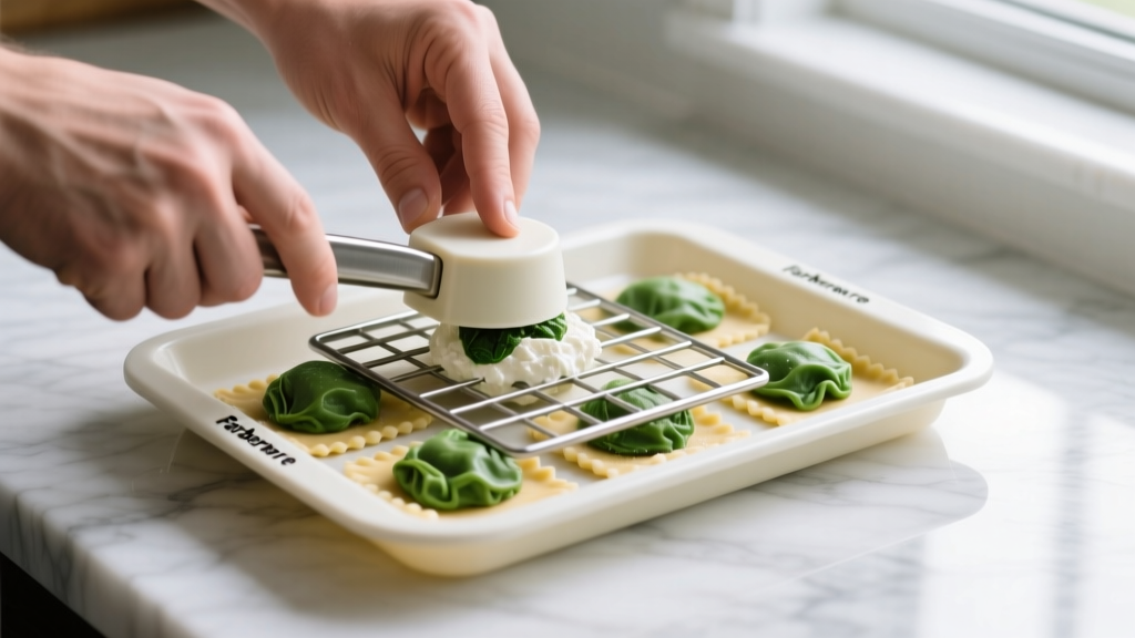 Hands pressing a metal grid into a Farberware plastic ravioli maker tray filled with ricotta and spinach dough on a marble countertop