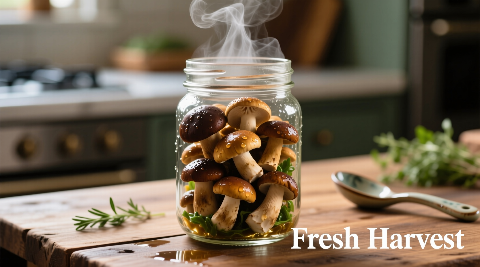 Fresh cooked mushrooms in glass container