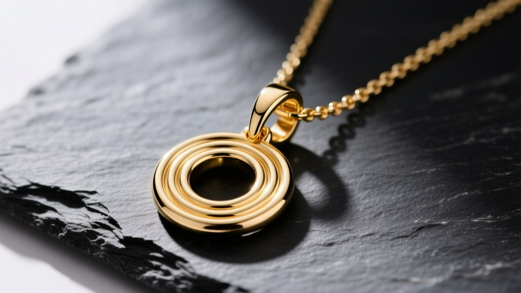A polished 14k yellow gold circle charm necklace on dark slate, highlighting concentric rings and a lobster clasp.