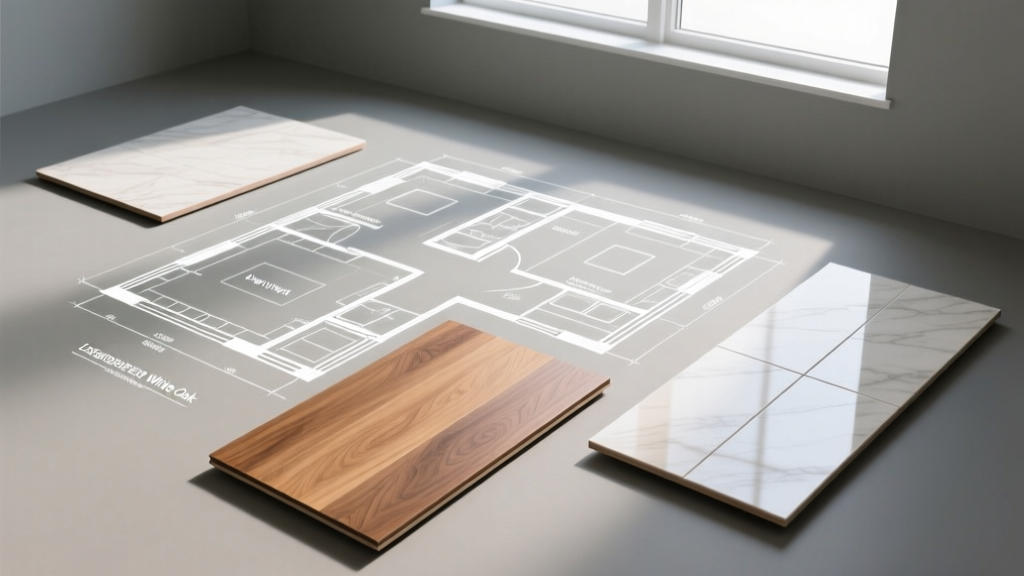 Floor plan blueprint overlaid with physical samples of luxury vinyl plank, engineered white oak, and large-format rectified porcelain tile