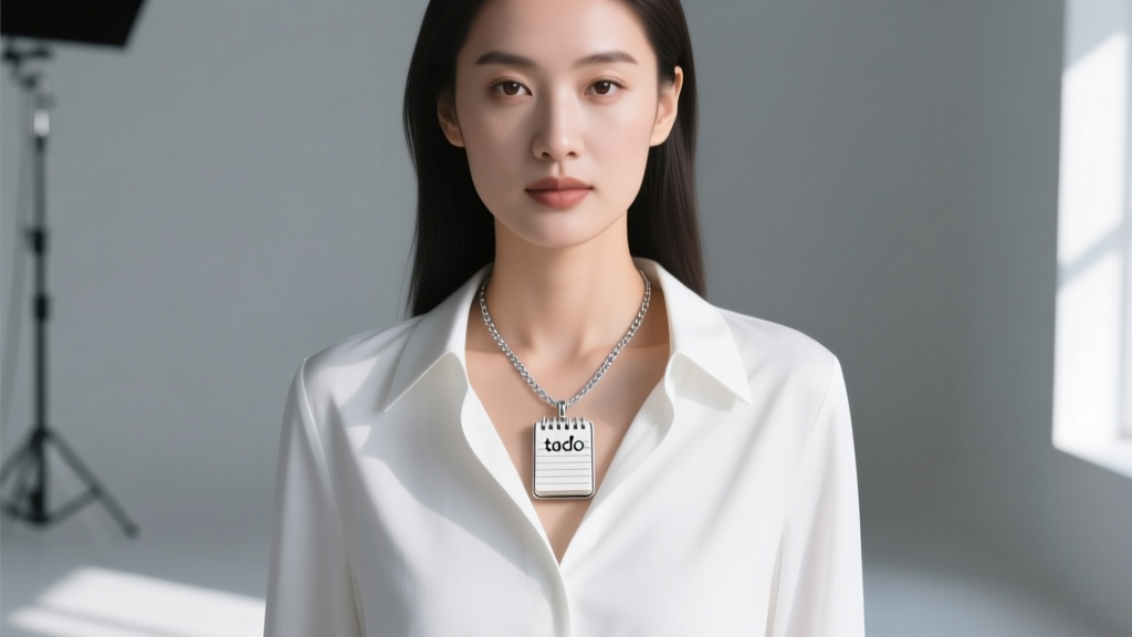 Woman wearing an 18-inch sterling silver todo necklace over a white blouse, small notepad pendant resting on her collarbone.
