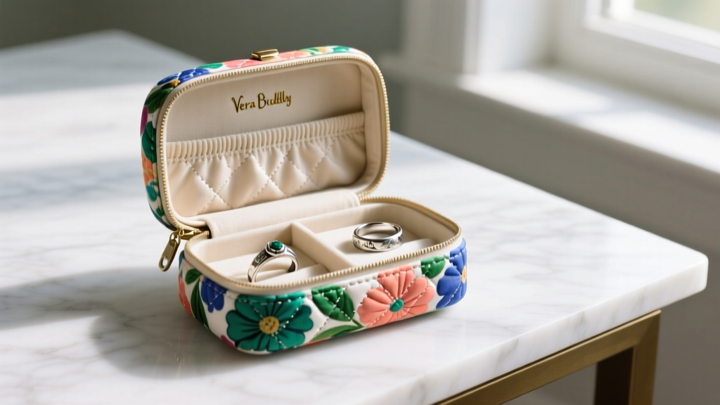 Open quilted floral Vera Bradley jewelry case on a white marble desk, showing tarnished silver rings and stretched elastic loops.