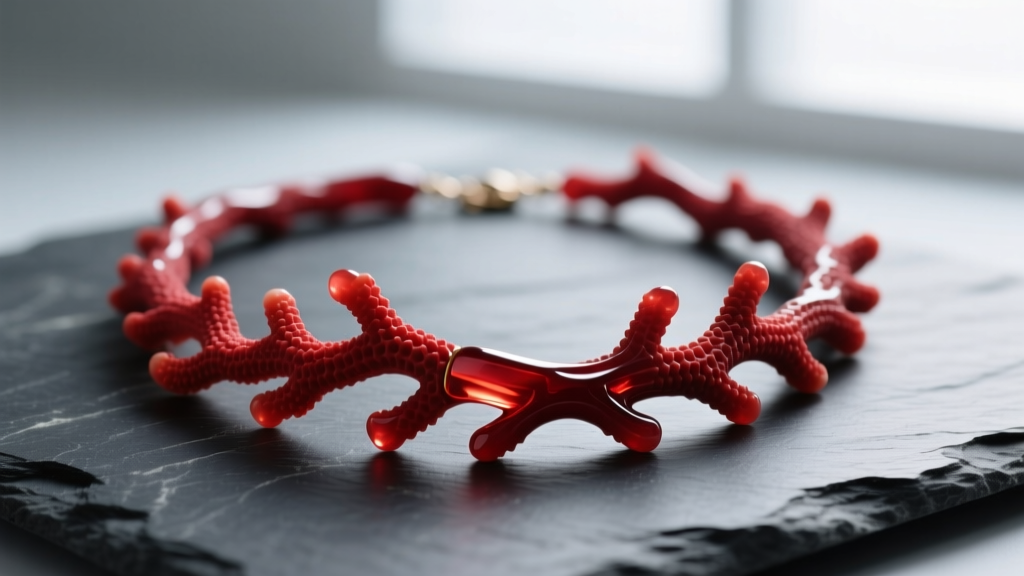 Close-up of a Mediterranean red branch coral necklace with deep oxblood hues resting on dark slate under soft directional lighting