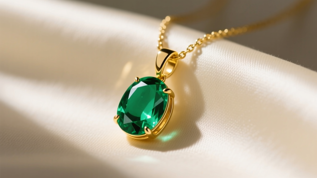 Close-up of a 14k yellow gold pendant necklace with a genuine oval-cut emerald, resting elegantly on soft cream silk fabric.