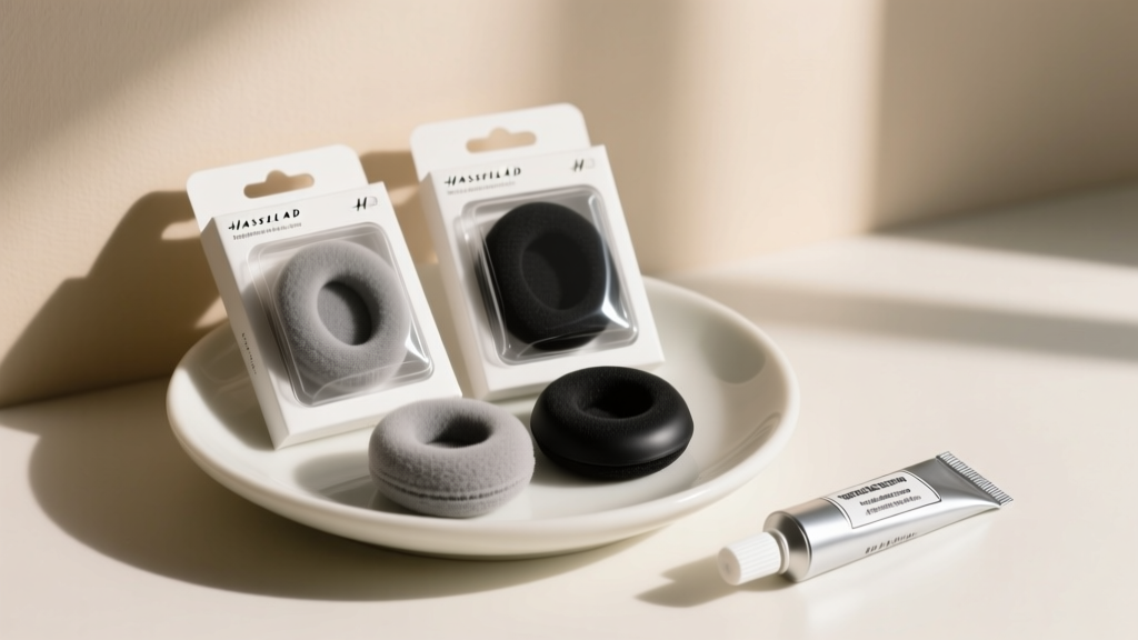 Replacement foam and silicone ear pads for vintage clip-ons arranged on a ceramic dish next to a small tube of jewelry adhesive