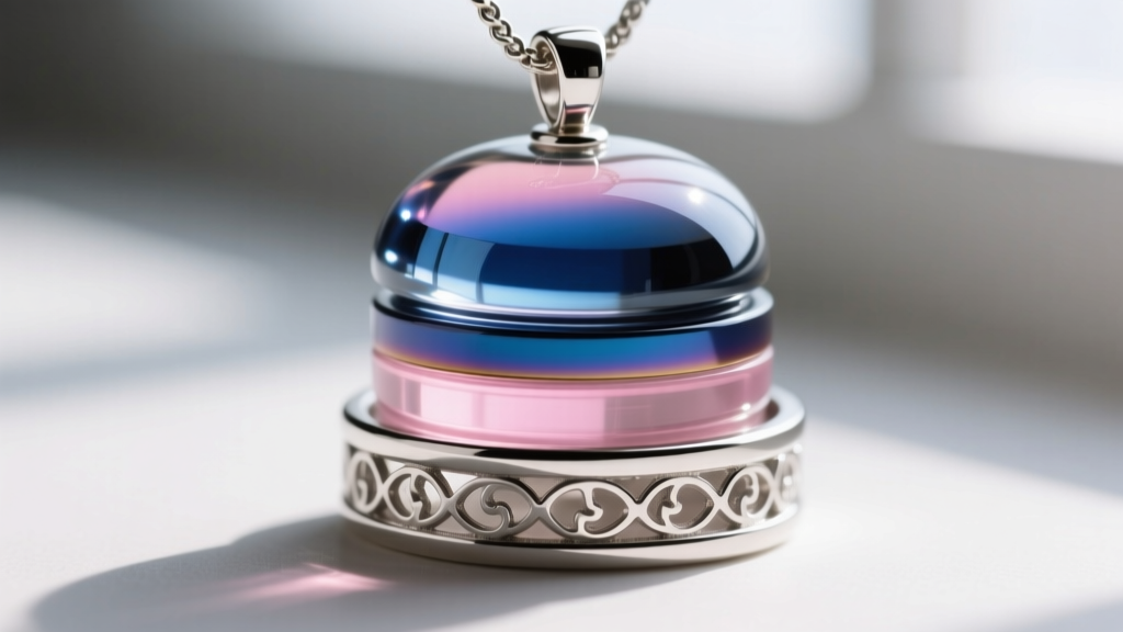 Macro shot of a disassembled mood pendant showing the glass cabochon, thermochromic layer, and 925 silver base setting.