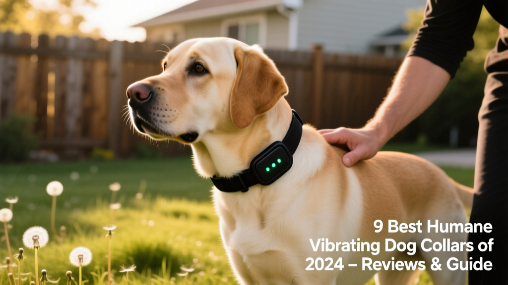 A calm, focused dog wearing a sleek, adjustable vibrating collar during a backyard training session