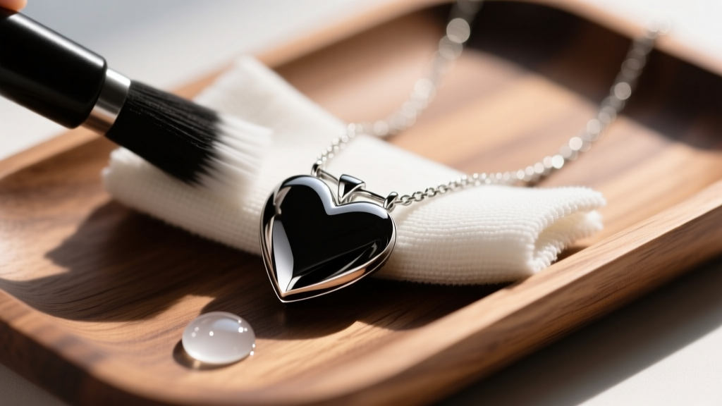 Microfiber cloth gently polishing a black rhodium plated silver heart necklace on a wooden jewelry tray next to mild soap