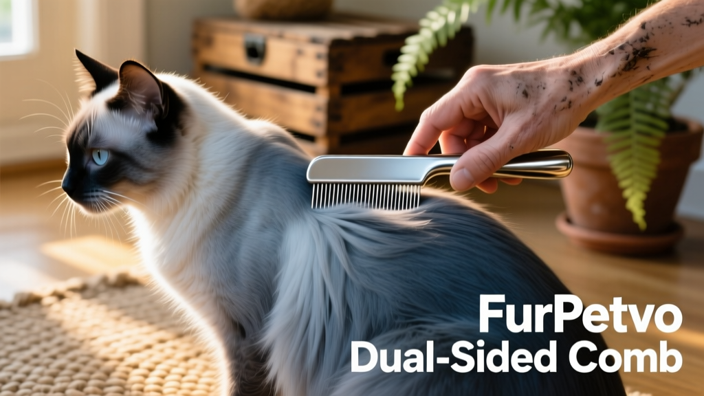 Close-up of a hand using a FurPetVo dual-sided metal comb on a cat's hindquarters, showing smooth, tangle-free fur being parted cleanly