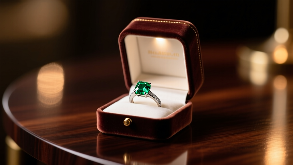 Open velvet box revealing a 5-carat D-flawless emerald-cut diamond ring on a dark mahogany table under soft, warm spotlighting