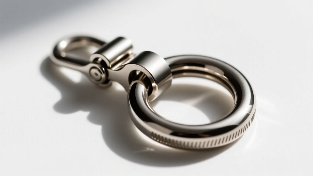 Macro shot of an 18-gauge titanium leverback clasp attached to a hollow circle dangle, showing the secure locking mechanism