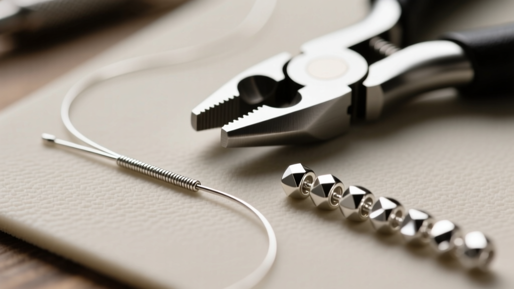 Macro shot of jewelry making tools including 0.018 inch beading wire, sterling silver crimp beads, and crimping pliers on a mat.