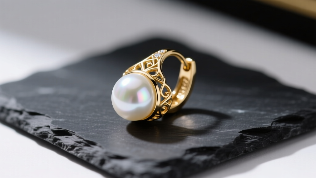 Macro shot of an 18k gold leverback earring holding a lustrous 9mm white Akoya pearl, resting on a dark slate jewelry display pad.